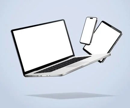 Falling laptop, tablet and smartphone blank screen mockup isolated Stock Illustration