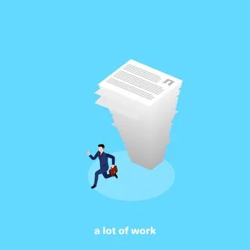 A falling large stack of paper on a runaway man in a business suit, an isomet イラスト素材
