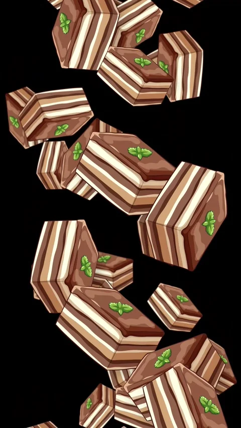 Falling Layered Chocolate Cake Slices with Mint Garnish on Black Background Stock Footage 342467906