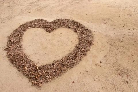 Falling leaf in heart shape on soil background Stock Photos