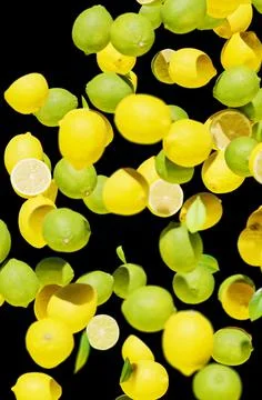 Falling lemons on black vertical background. Stock Photos