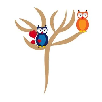 Falling love owl with tree on white background Stock Illustration