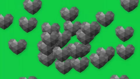 Falling Low Poly Black Hearts Animation on Green Screen Background Stock Footage 341558803