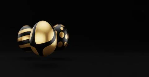 Falling luxury golden 3d easter eggs with pattern on black background. 3d ren Stock Illustration