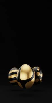 Falling luxury golden 3d easter eggs with pattern on black background. 3d ren Stock Illustration