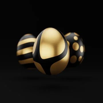 Falling luxury golden 3d easter eggs with pattern on black background. 3d ren Stock Illustration
