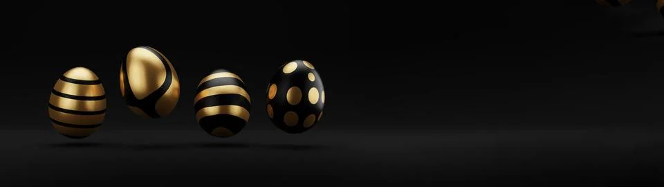 Falling luxury golden 3d easter egg with pattern on black background. 3d rend Stock Illustration