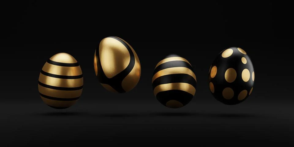 Falling luxury golden 3d easter egg with pattern on black background. 3d rend Stock Illustration