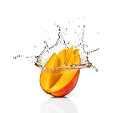 Falling mango meets water in a splash white background Stock Photos