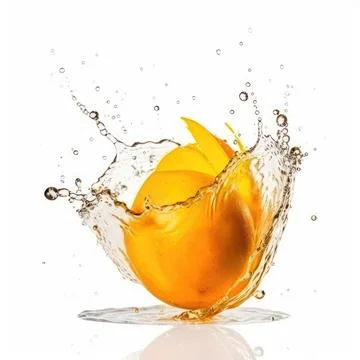 Falling mango meets water in a splash white background Stock Photos