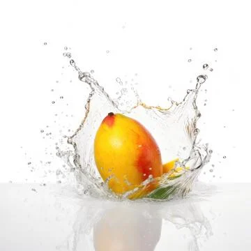 Falling mango meets water in a splash white background Stock Photos