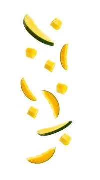 Falling mangoes isolated on a white background with a clipping path. cubes of 库存照片