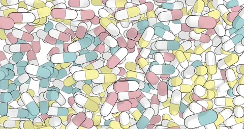 Falling many Pill Capsules animation. anime manga style. Pink, yellow and blue Stock Footage 142040483