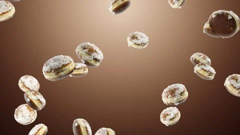 Falling many sweet donuts on brown background Stock Illustration