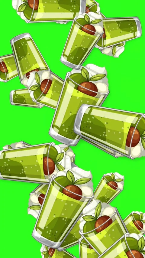 Falling Matcha Green Tea Dessert Cups on Green Screen Background Stock Footage 345304244