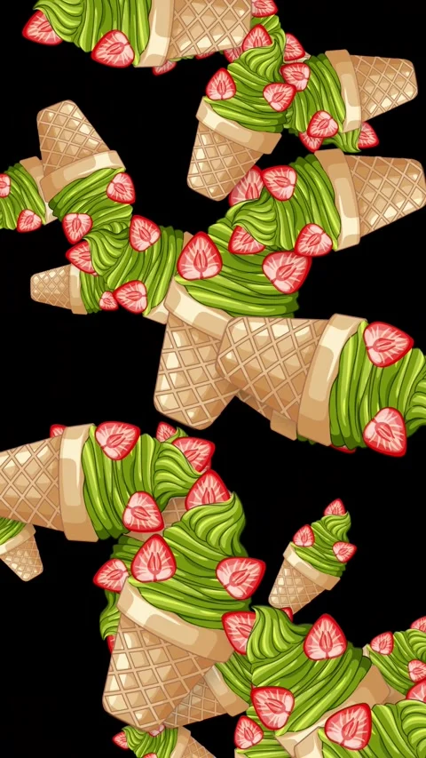 Falling Matcha Green Tea Ice Cream Cones with Strawberries Stock Footage 342923158