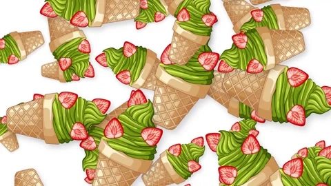Falling Matcha Green Tea Ice Cream Cones with Strawberry Slices Stock Footage 344717537