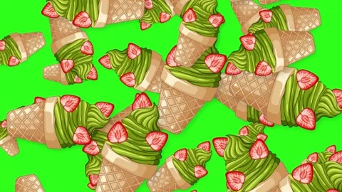 Falling Matcha Green Tea Ice Cream Cones with Strawberries on Green Screen Stock Footage 345117771