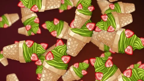 Falling Matcha Green Tea Ice Cream Cones with Strawberries Animation Stock Footage 346435630