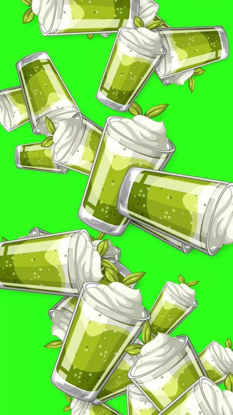 Falling Matcha Green Tea Smoothies with Whipped Cream on Green Background Stock Footage 345294058