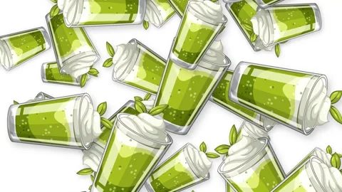 Falling Matcha Green Tea Smoothies with Whipped Cream on White Background Stock Footage 345705106
