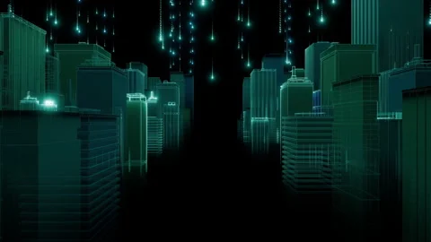 Falling Matrix Animation with $ Symbol Over Economic Cityscape Stock Footage 298460290