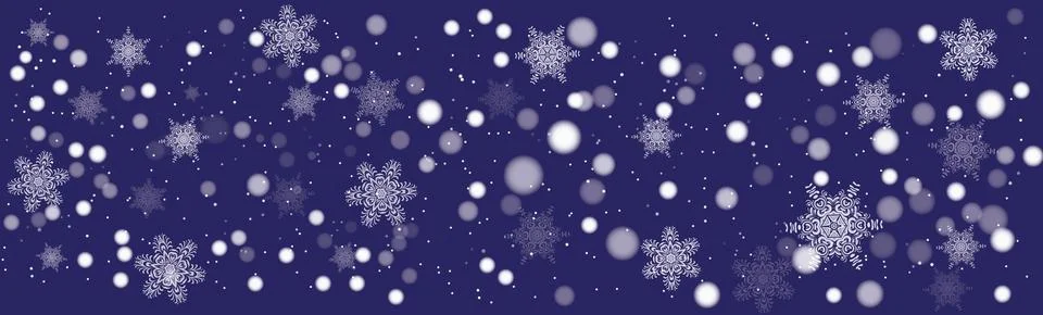 Falling medium-sized snowflakes on a dark blue background. Stock Illustration