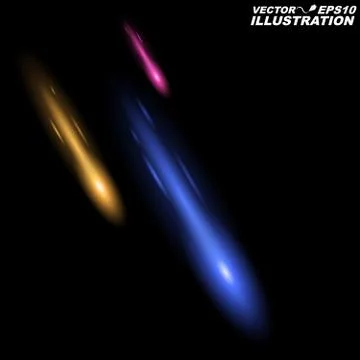 Falling meteorites and comets of violet, blue, yellow colors on a dark back.. Stock Illustration