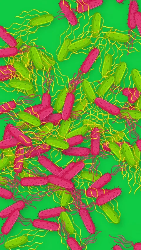 Falling Microscopic Bacteria and Germs Animation on Green Background Stock Footage 342320336