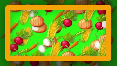 Falling Mixed Cartoon Vegetables Animation on Vibrant Green Background Stock Footage 342488428