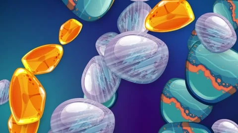Falling Mixed Gemstones and Polished Stones on Blue Mesh Background Stock Footage 342319346