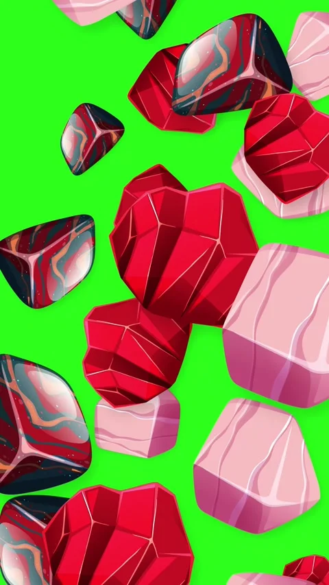 Falling Mixed Geometric Objects and Marbled Stones on Green Background Stock Footage 342721933