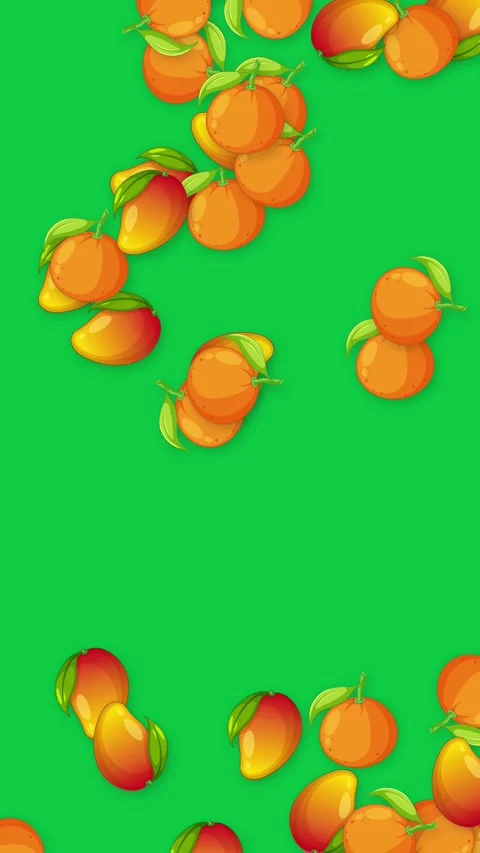 Falling Mixed Mango and Orange Fruit Animation on Green Background Stock Footage 342316278
