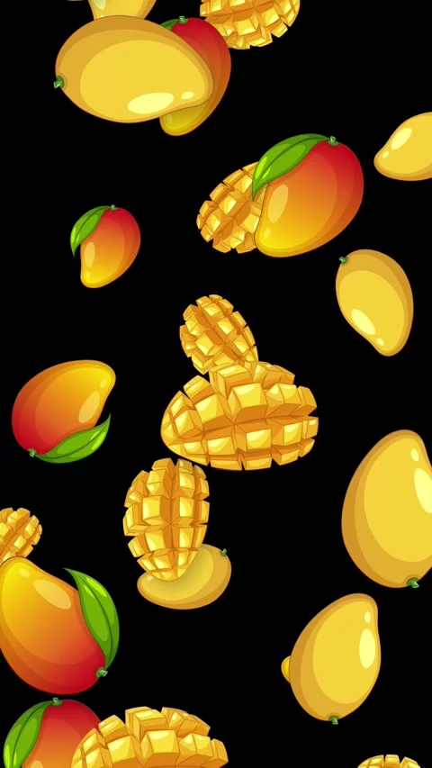 Falling Mixed Mango Fruit Animation on Black Background Stock Footage 342721988