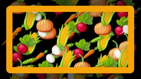 Falling Mixed Vegetables Animation on Black Background with Orange Frame Stock Footage 344617194