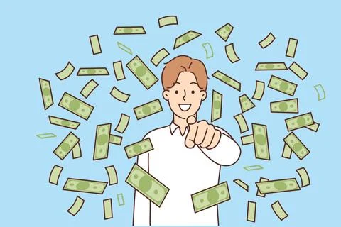 Falling money around smiling man pointing finger at screen inviting business Stock Illustration