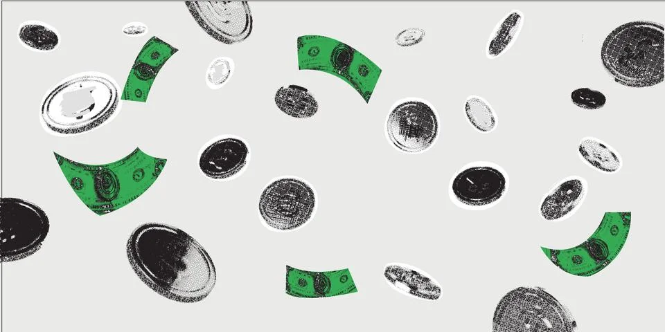 Falling money. Collage design elements in a trendy dotted pop art style. Co.. 库存插图