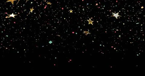 Falling multicolored confetti drifting across black stage, with gold star Stock Illustration