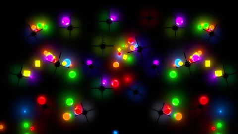 Falling neon balls and cubes, bouncing from obstacles on reflective background Stock Footage 147482408