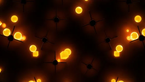 Falling neon balls and cubes, bouncing from obstacles on reflective background Stock Footage 153385390