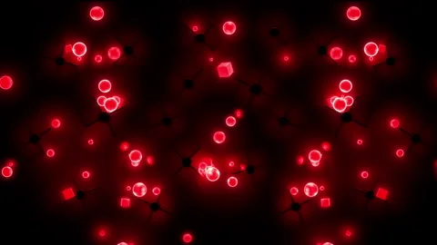 Falling neon balls and cubes, bouncing from obstacles on reflective background Stock Footage 157238367