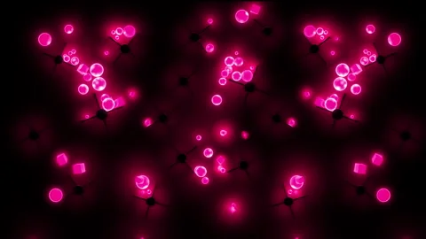 Falling neon balls and cubes, bouncing from obstacles on reflective background Video stock 200867422