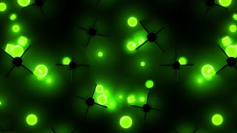 Falling neon balls and cubes, bouncing from obstacles on reflective background 스톡 동영상 200867499