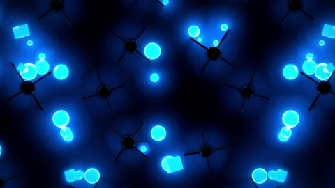 Falling neon blue balls cubes, bouncing from obstacles on reflective background Stock Footage 146311109