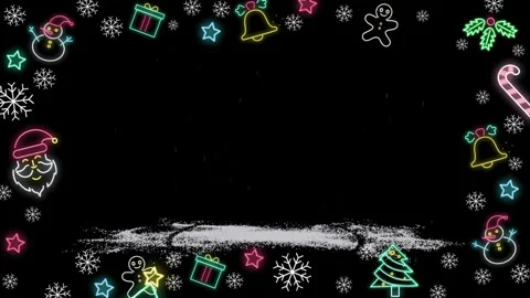 Falling neon christmas lights with falling snow on black background with Stock Footage 343841732