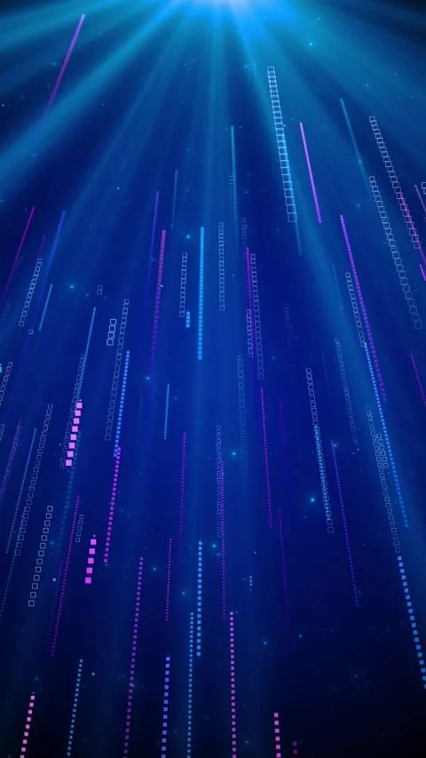 Falling neon data lines with blue and purple pixel bars, bright overhead glow, Stock Footage 334126854