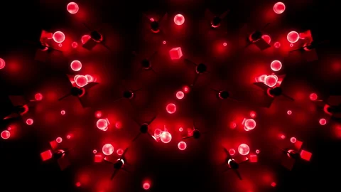 Falling neon red balls cubes, bouncing from obstacles on reflective background Stock Footage 146311026