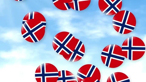 Falling Norway Flag Badges Animation Over Sunny Cloudy Sky Background Stock Footage 341557872