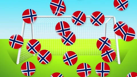 Falling Norway Flag Soccer Balls Animation with Goal and Green Field Stock Footage 341642979