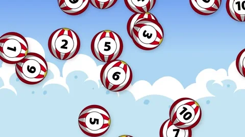Falling Numbered Lottery Balls Over Blue Sky and White Clouds Background Stock Footage 339755564